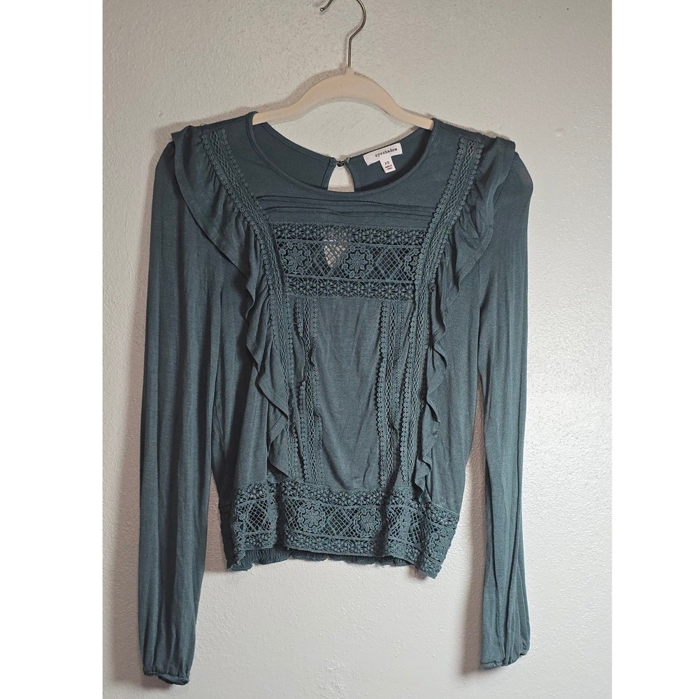 Eyeshadow Women XS Teal Crochet Lace Ruffle Long Sleeve Top Cottagecore cozy